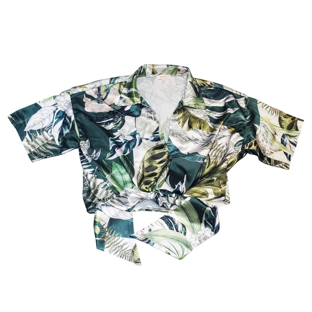 Peach Tropical Palm Leaf Tie-Front Plunge V-Neck‎ Crop Top - Size L - Vacation